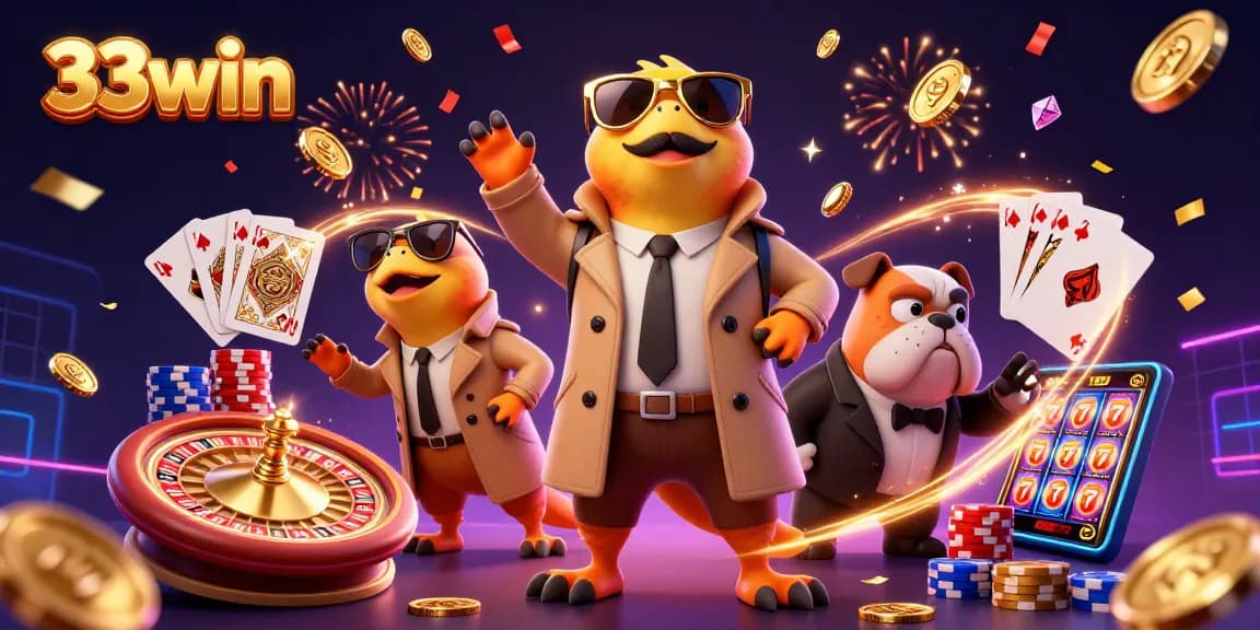 Engage with the vibrant 33win casino scene featuring raptors in a trench coat and a bouncer.