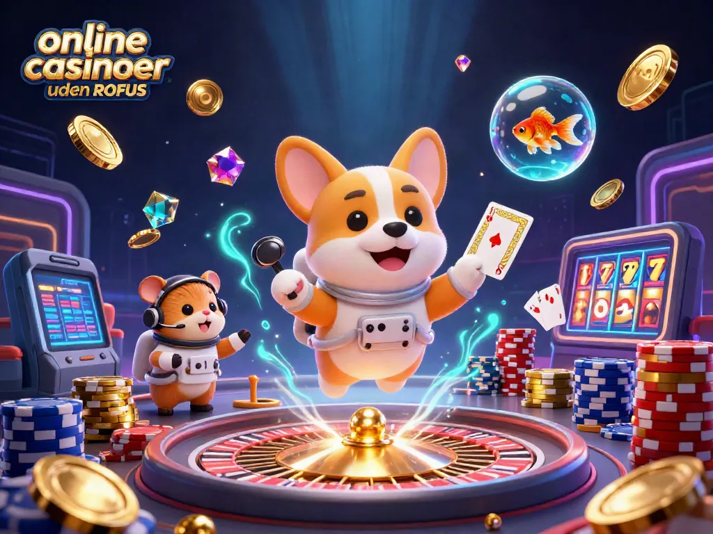 Experience fun at online casinoer uden ROFUS with corgi astronauts and floating casino elements.