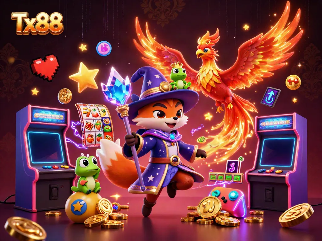 Engage in thrilling gameplay at Tx88 with a fantastical wizard fox, phoenix, and enchanting elements in a colorful casino scene.