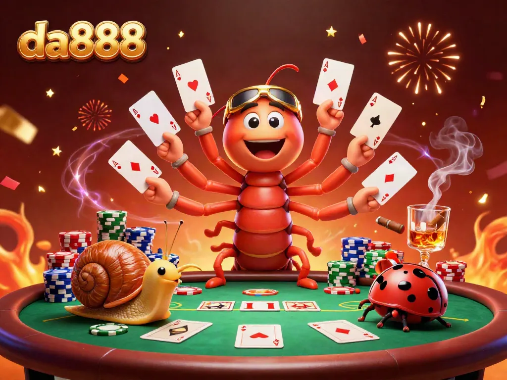 Engage in thrilling gameplay at da888 with a vibrant 3D casino scene featuring a cartoon millipede dealer, high-roller snail, and exciting poker elements.