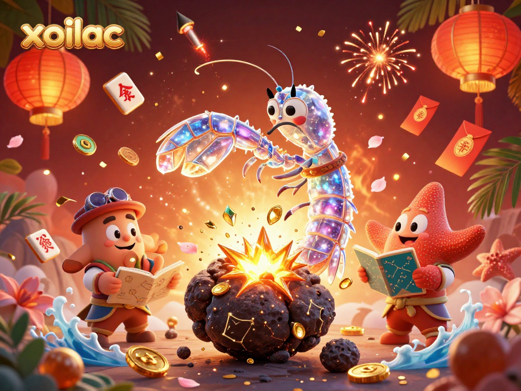 Engage with the xoilac universe as a galactic samurai punches asteroids for coins amidst vibrant casino elements.
