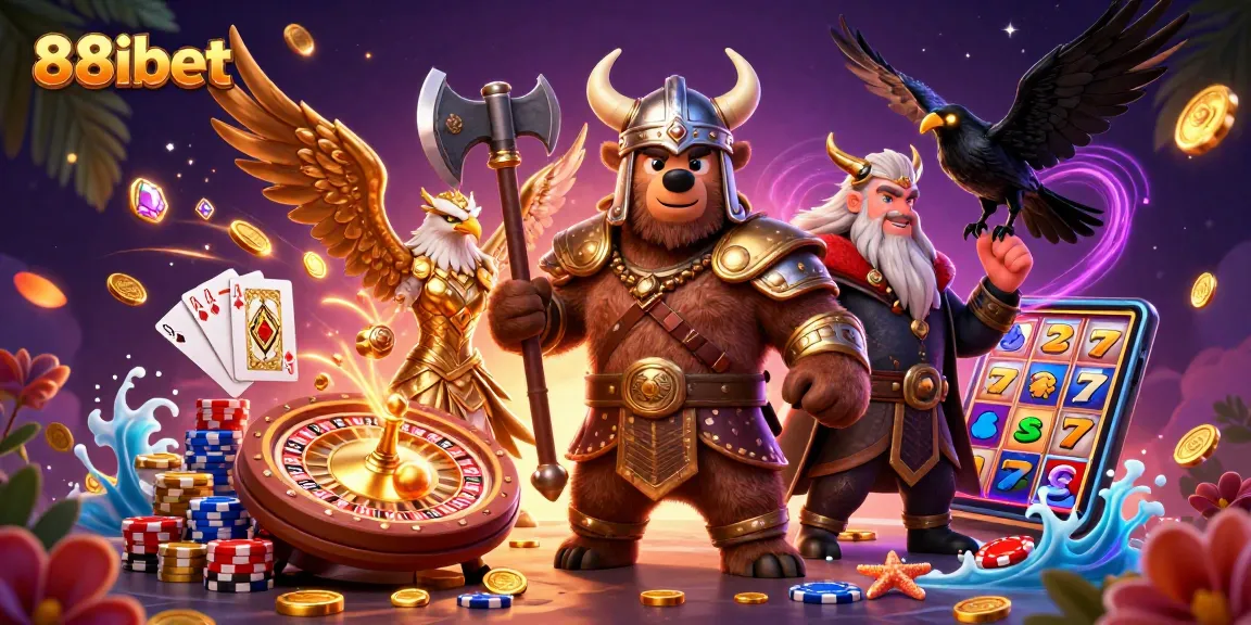 Engage with thrilling gameplay at 88ibet featuring a vibrant casino scene with a Viking bear and Valkyrie eagle.