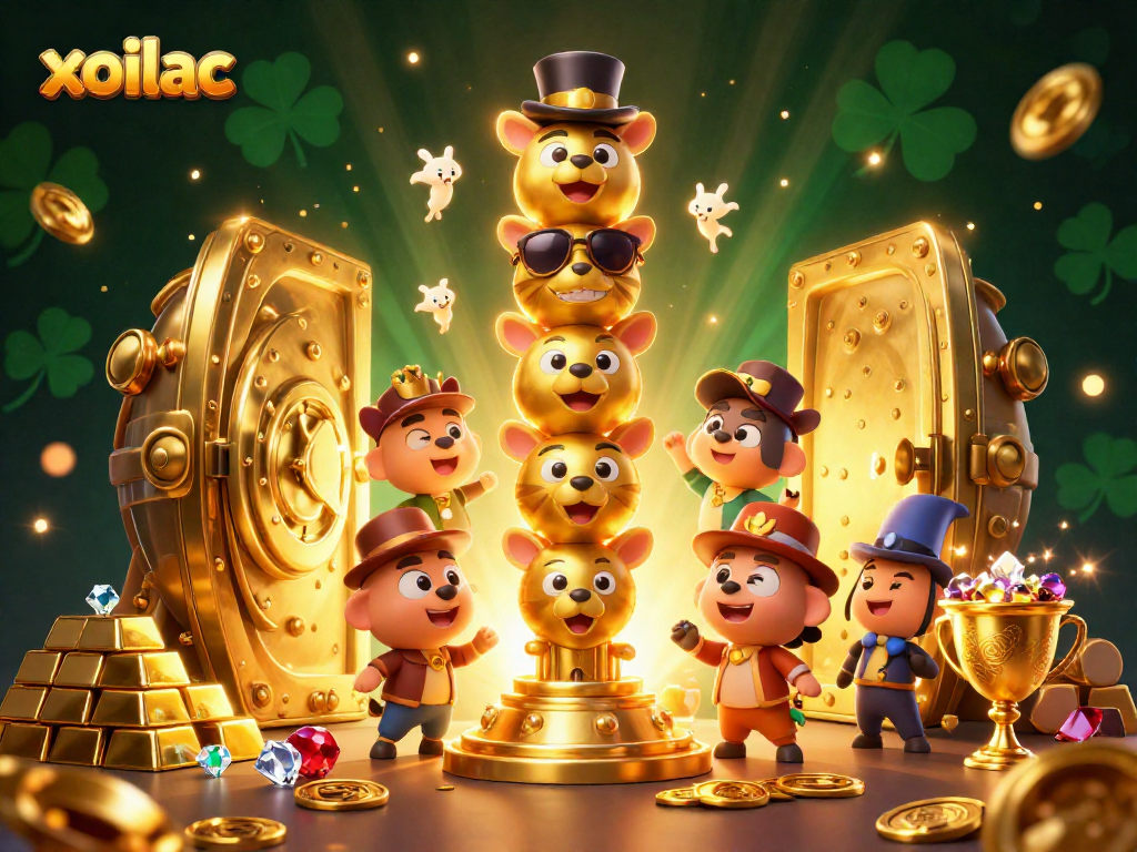 Engage with xoilac's vibrant casino world featuring a dynamic golden totem and a treasure vault.