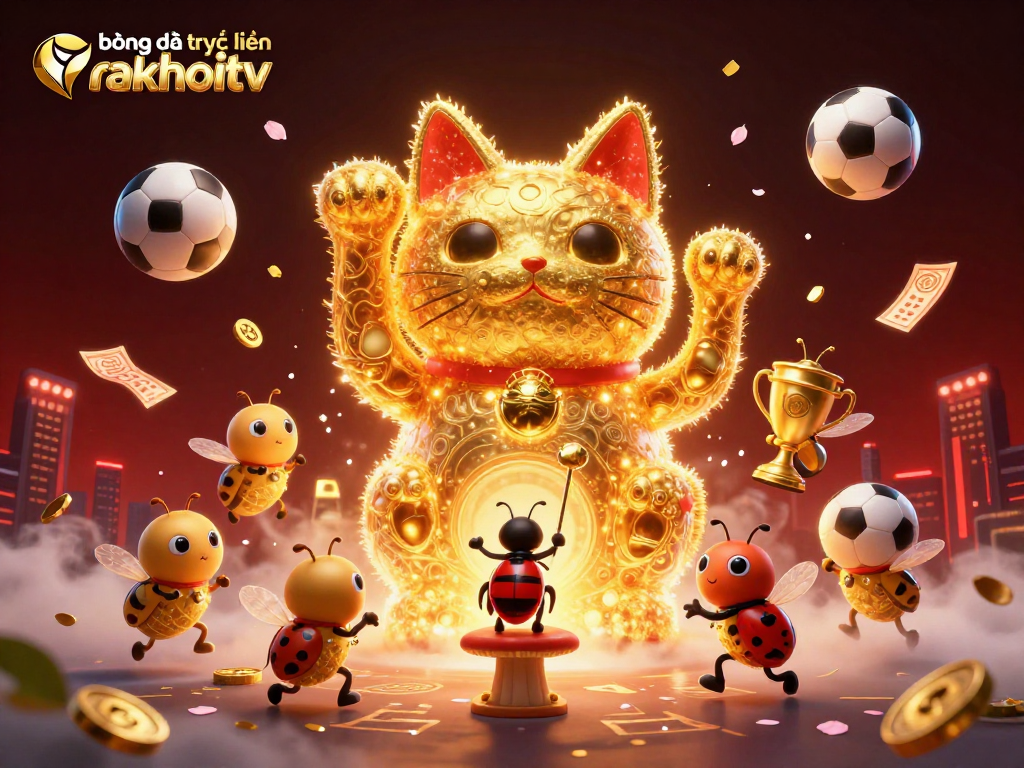 Bet on bóng đá trực tuyến rakhoitv with a lucky cat surrounded by sports symbols and gold accents.