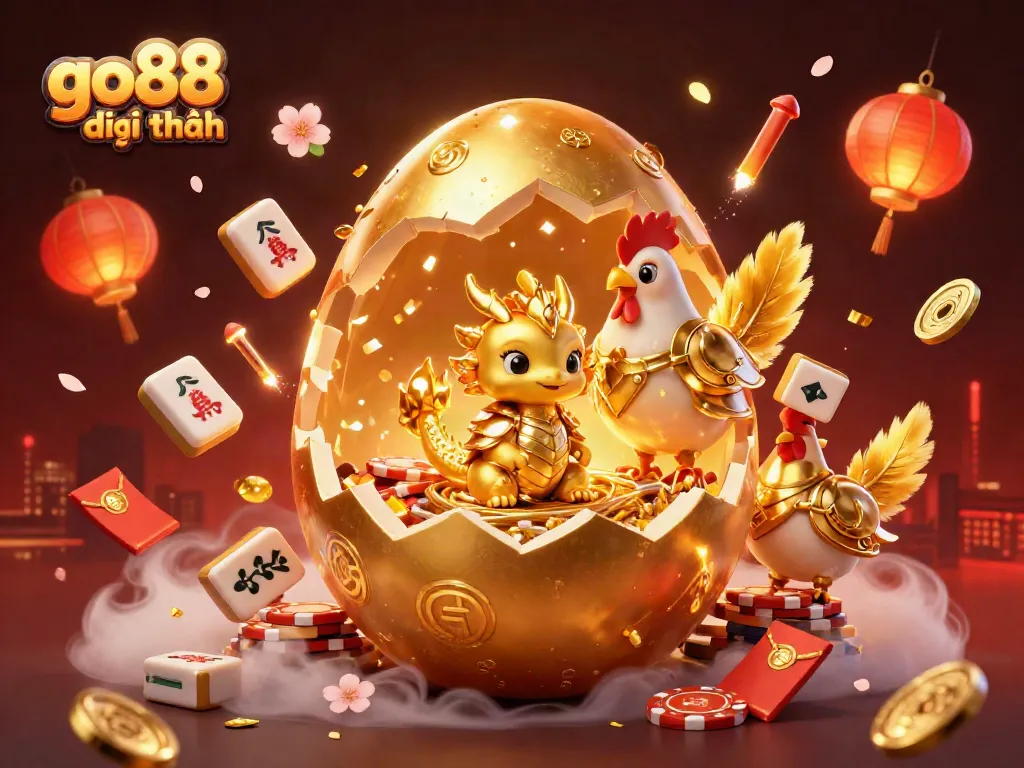 Experience go88 đổi thưởng with an enchanting scene featuring a golden baby dragon and poker chips amid vibrant casino elements