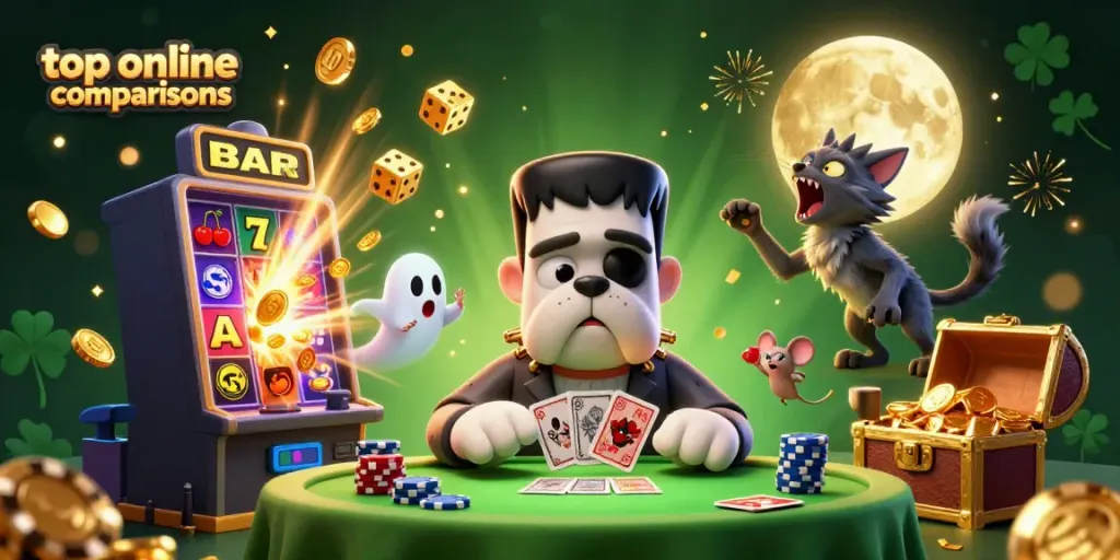 Upplev top online casino comparisons i en spännande 3D-casinovärld med en Frankenstein-bulldog och lyxiga spelsymboler.