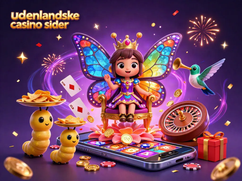Engage with udenlandske casino sider through this vibrant 3D scene featuring a butterfly queen amidst casino elements.