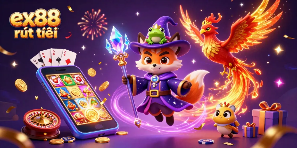 Experience the thrill of ex88 rút tiền with vibrant 3D characters and casino elements in a magical setting.