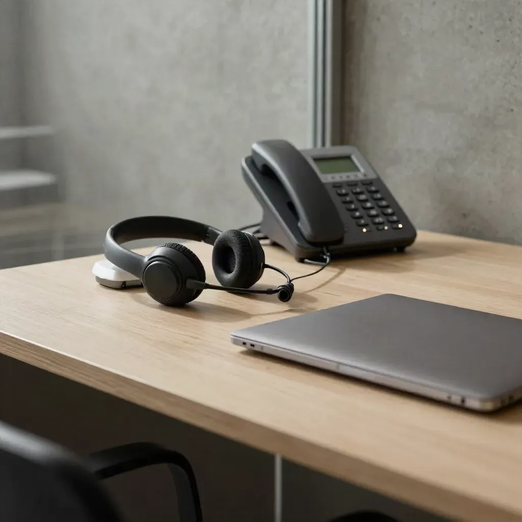 Supportdesk med telefoner, headsetdock och stängd laptop i stilla kvällsljus.