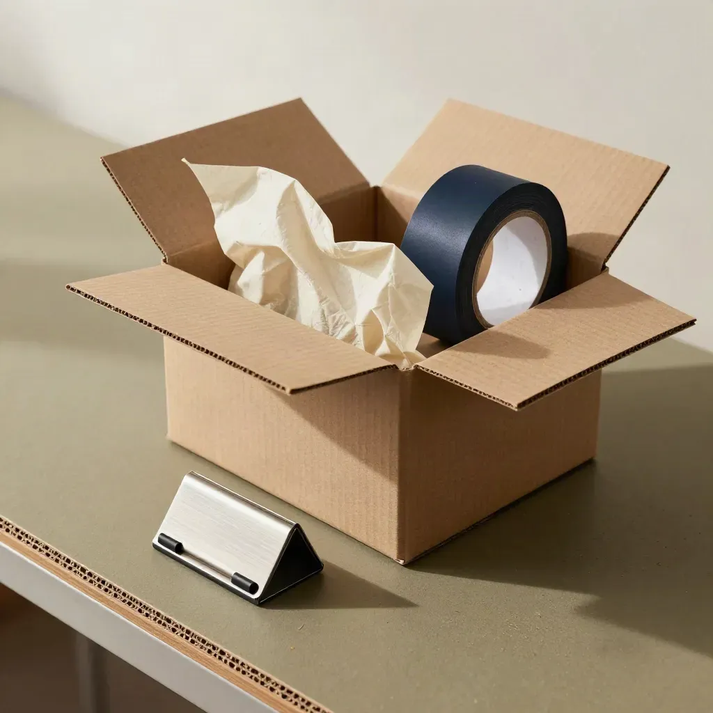 Öppen kartong med krullande packpapper, tejprulle och kortställ i ljus förpackningsmiljö.