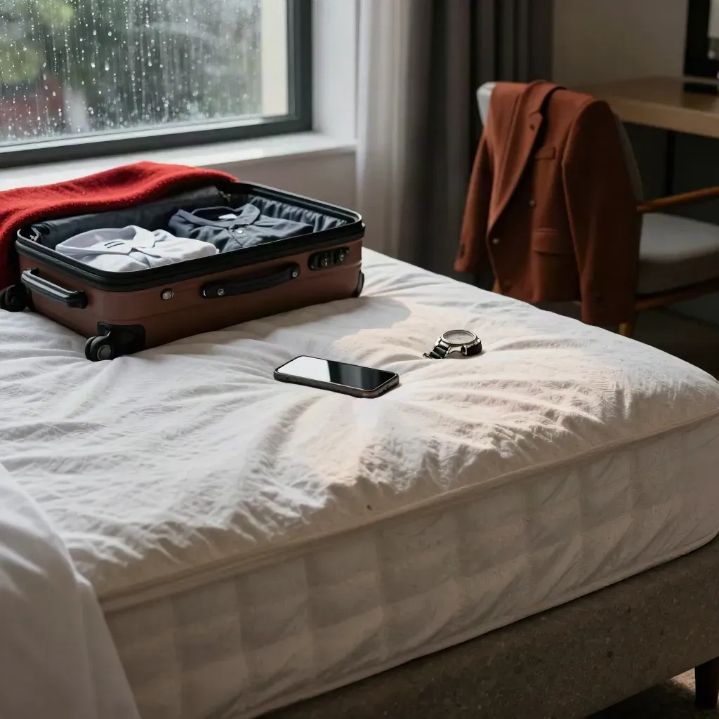 Öppen resväska vid hotellsäng, regn mot fönstret och avbrådsstämning.