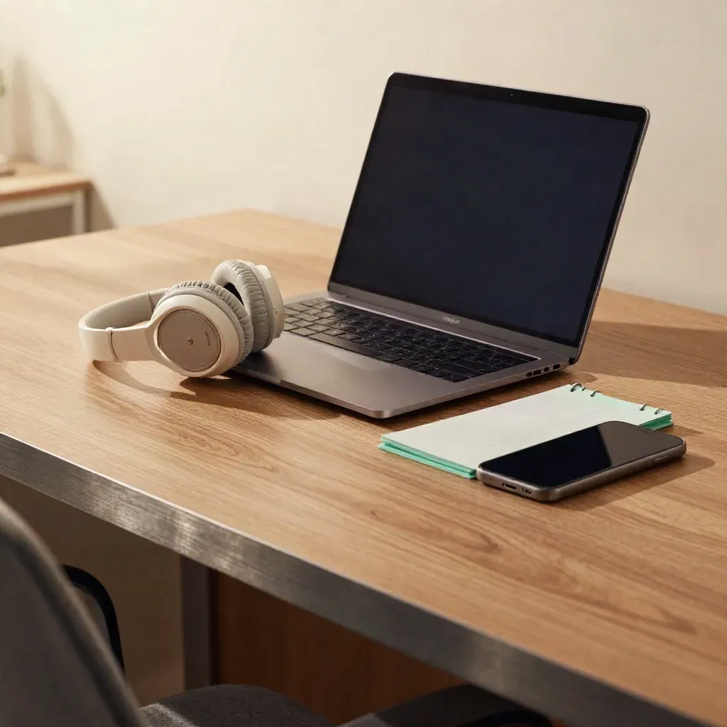 Stängt laptop, headset, telefon och notblock på supportskrivbord i mjukt ljus.