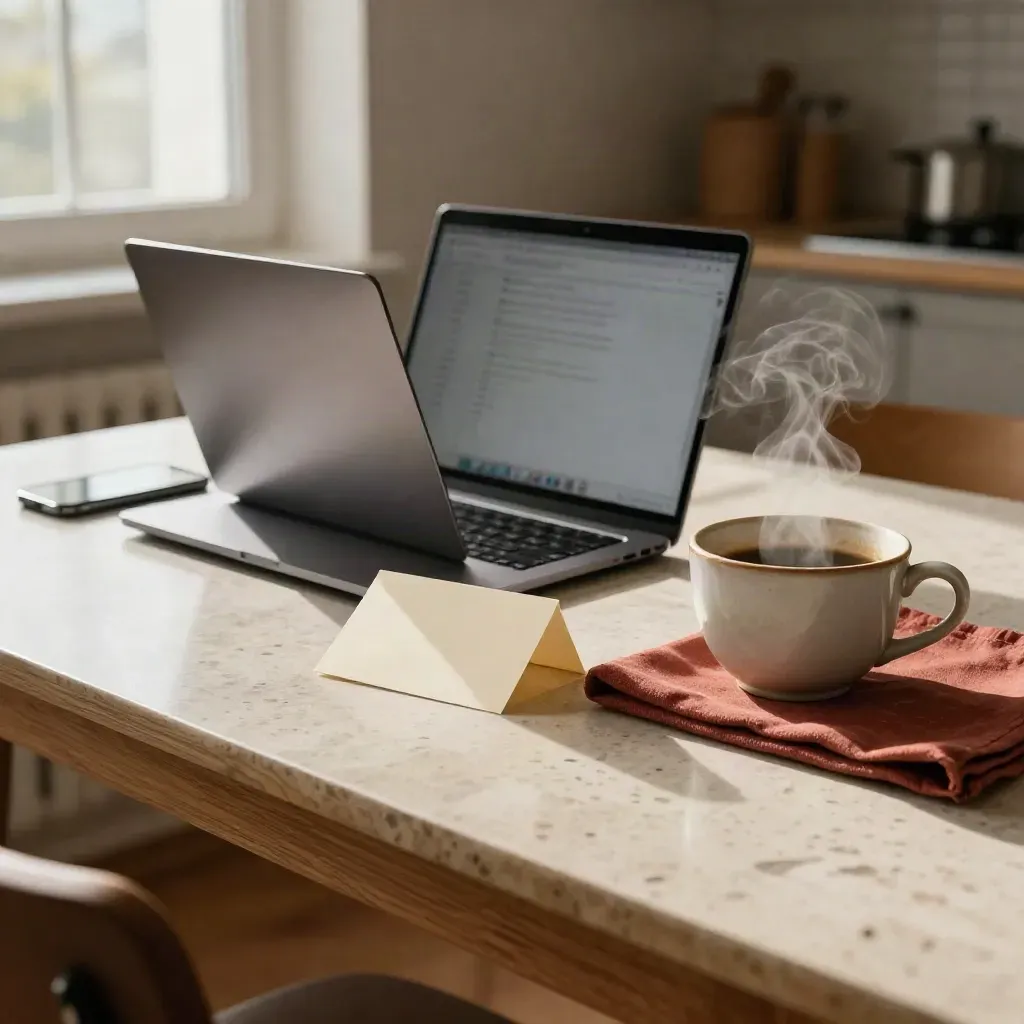Laptop, mobil, vikt anteckningskort och kaffekopp på köksbord i morgonljus.