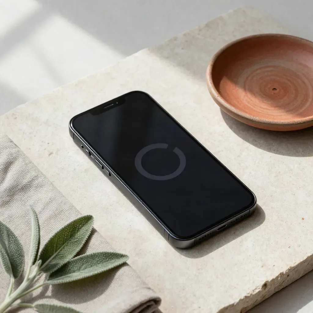 Svart smartphone med förnyelseikon, linnetyg, växt och keramik på sten.