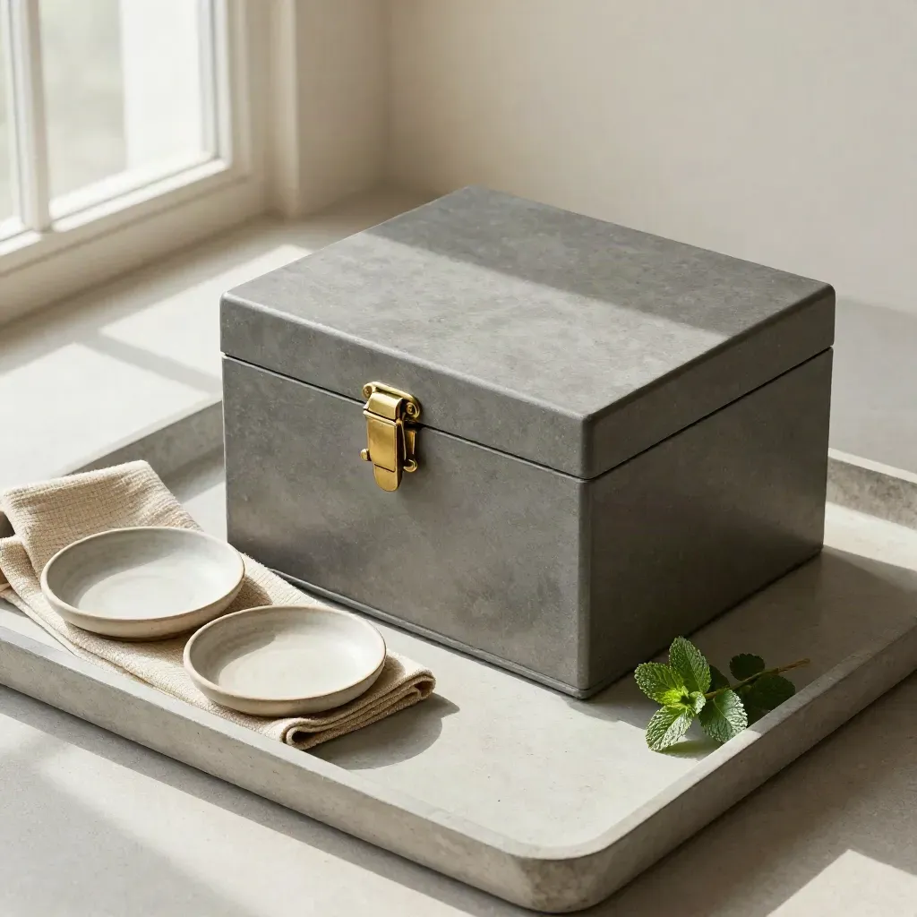 Arkivbox, tyg, keramikskål och liten planta på stenbricka i mjukt ljus