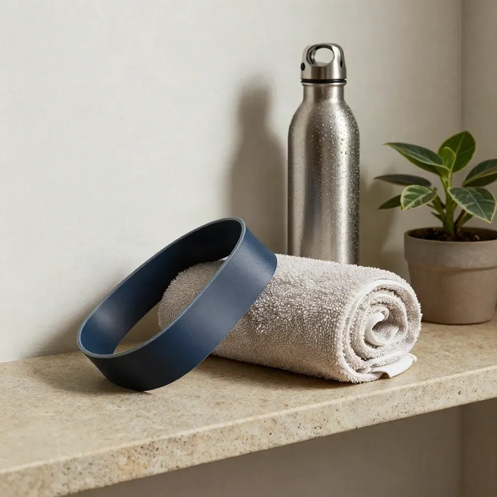 Resårband, handduk och vattenflaska med liten planta på ljus sten, i mjuk gymatmosfär.