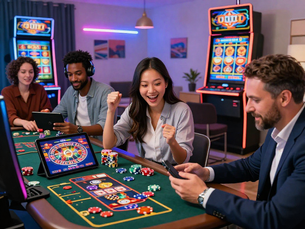 Engaged players in a crypto casino celebrating a win, featuring digital slot machines and vibrant gaming atmosphere.