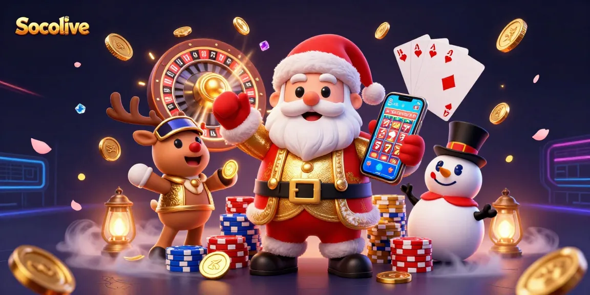 Socolive brings excitement with lively Santa, reindeer, and snowman in a casino scene showcasing jackpots and vibrant elements.