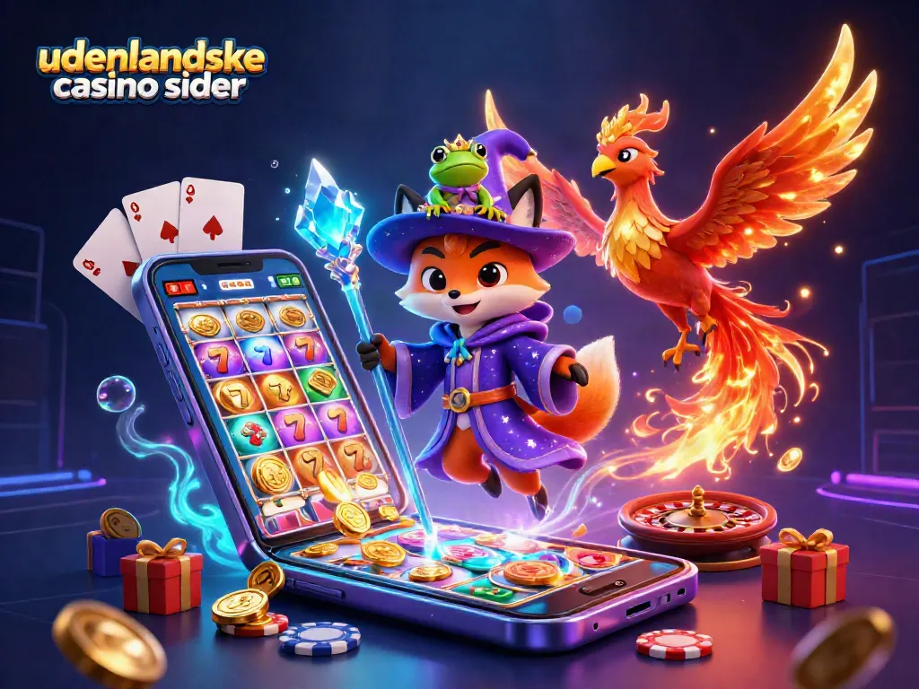 Engage with the enchanting scene showcasing udenlandske casino sider through a mystical wizard fox, phoenix, and vivid gaming elements.