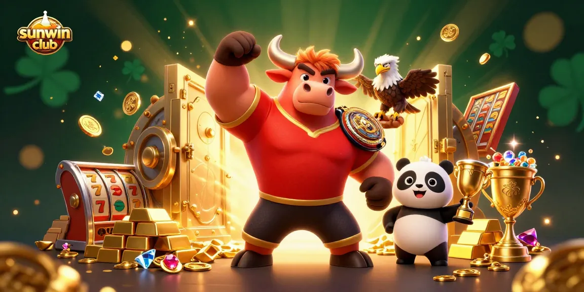 Engage with thrilling games at sunwin club, showcasing a vibrant scene with a bull mascot and casino elements.