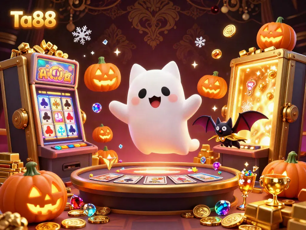 Experience the thrilling atmosphere of Ta88 casino with a ghost cat and vampire bat amidst dazzling treasures and festive pumpkins.