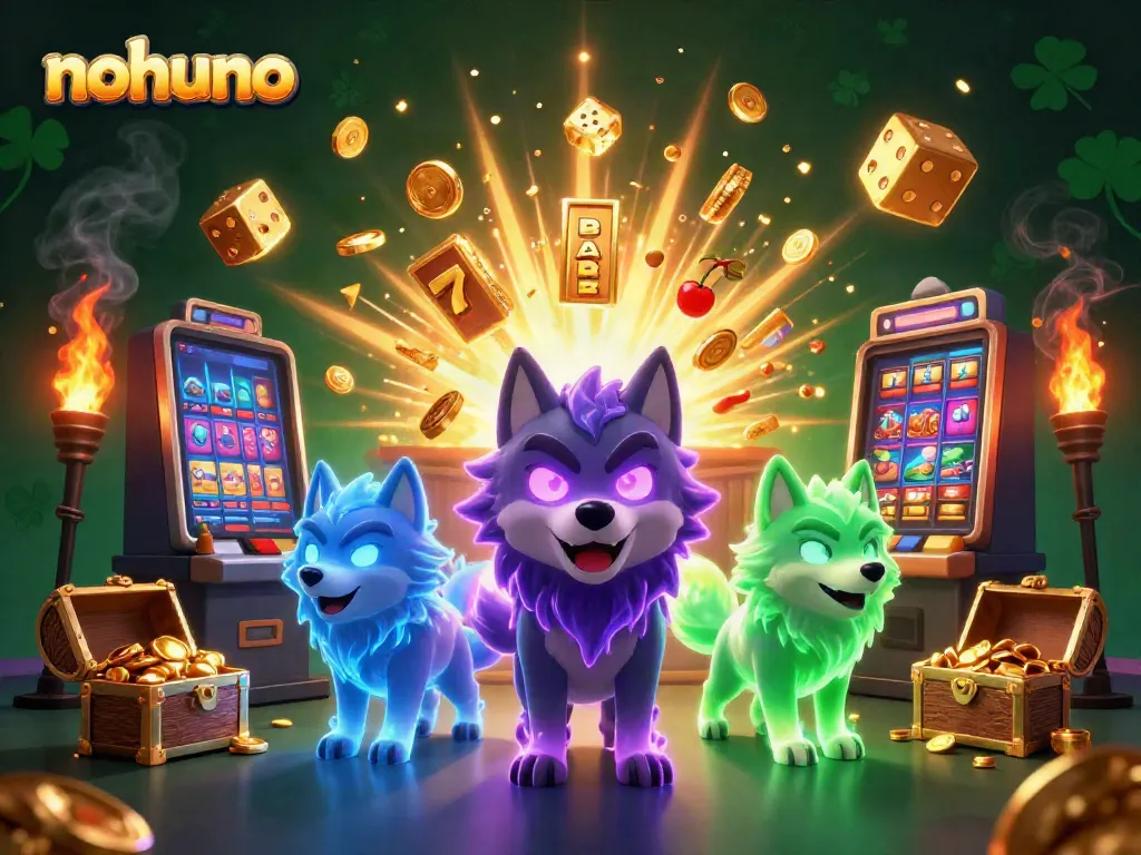 Experience thrilling gaming wins at nohuno, featuring a dynamic scene with lucky symbols and jackpots.