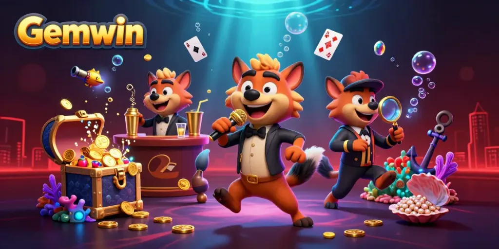 Experience Gemwin's vibrant casino scene with hyenas engaging in comedy, bartending, and security, surrounded by gold coins and gems.