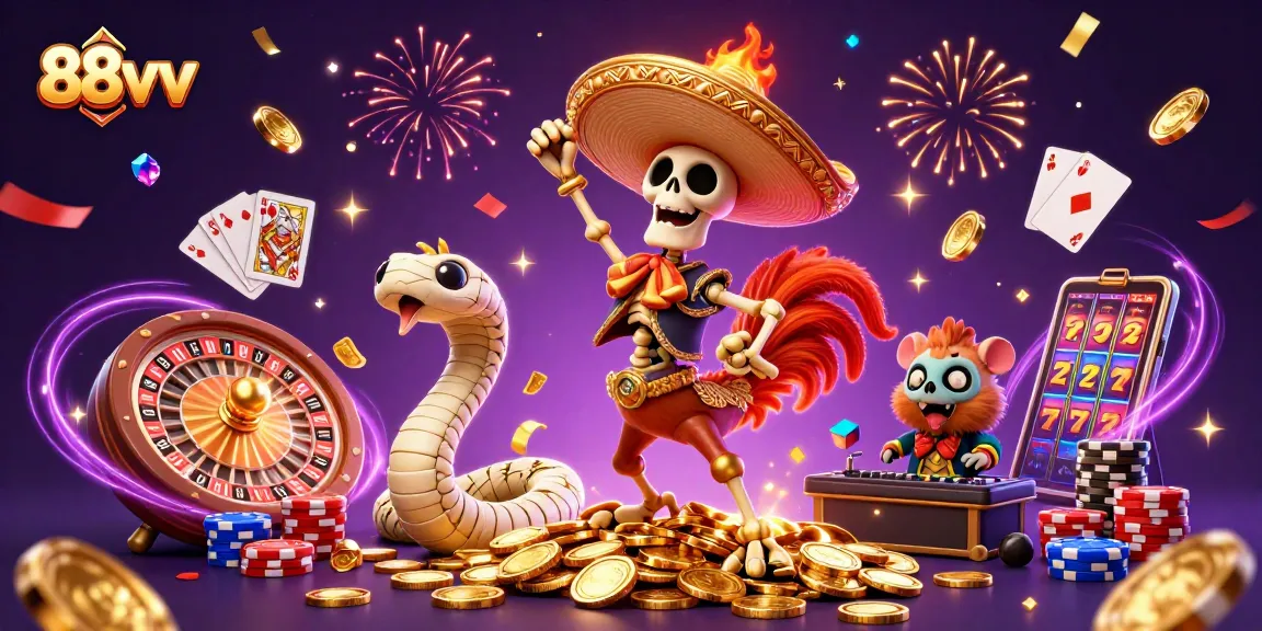 Celebrate with the lively characters at 88vv as they showcase exciting casino elements in a vibrant scene.