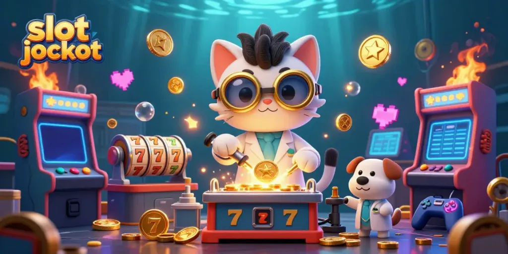 Spinning the slot jackpot with a mad scientist cat creating coins, colorful game machines surrounding them.