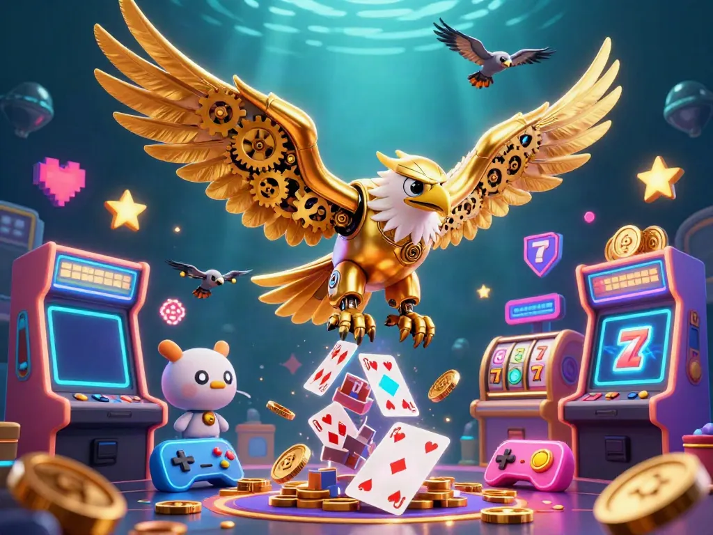 Win79's 3D illustrated cybernetic eagle soaring amidst holographic cards in a vibrant casino scene.