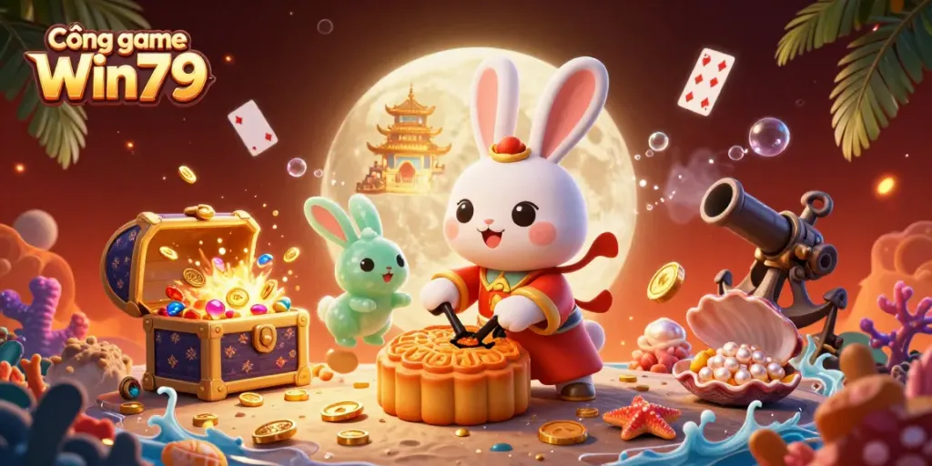 Experience the thrill of Cổng game Win79 with a moon rabbit, poker chips, and vibrant casino elements.