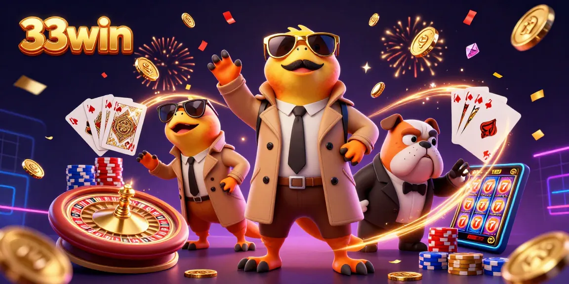 Engage with the vibrant 33win casino scene featuring raptors in a trench coat and a bouncer.