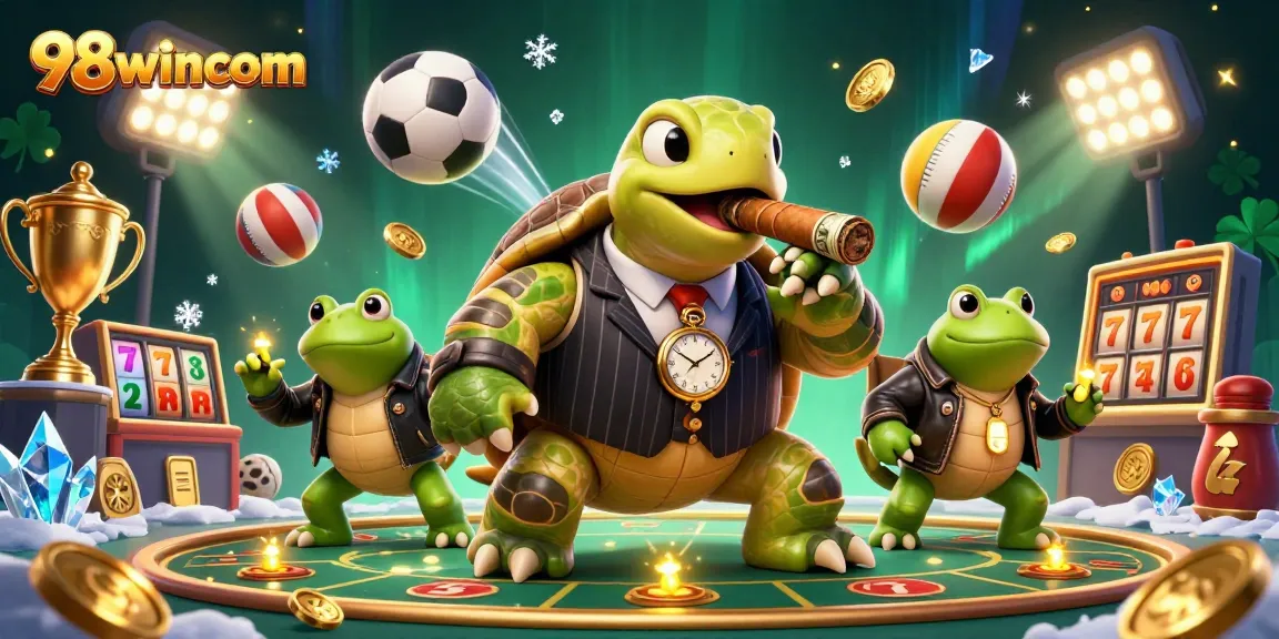 98wincom showcases a mobster turtle flanked by bullfrog enforcers in a vibrant, dynamic casino scene.