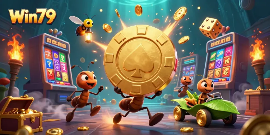 Experience the thrill of Win79 with cartoon ants executing a heist in a vibrant casino scene.